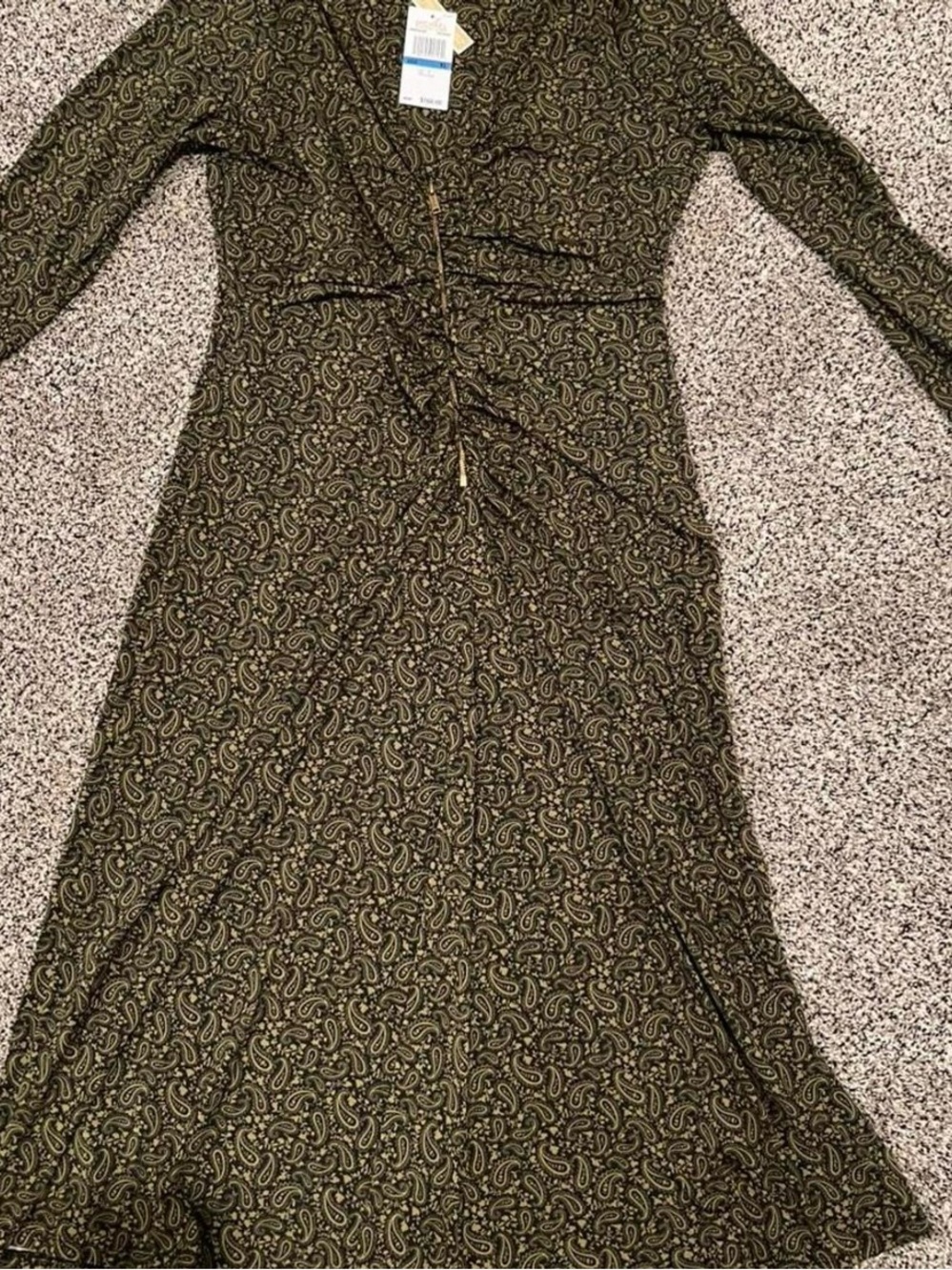 Michael Kors Olive Green Paisley Long Sleeve V-Neck Dress